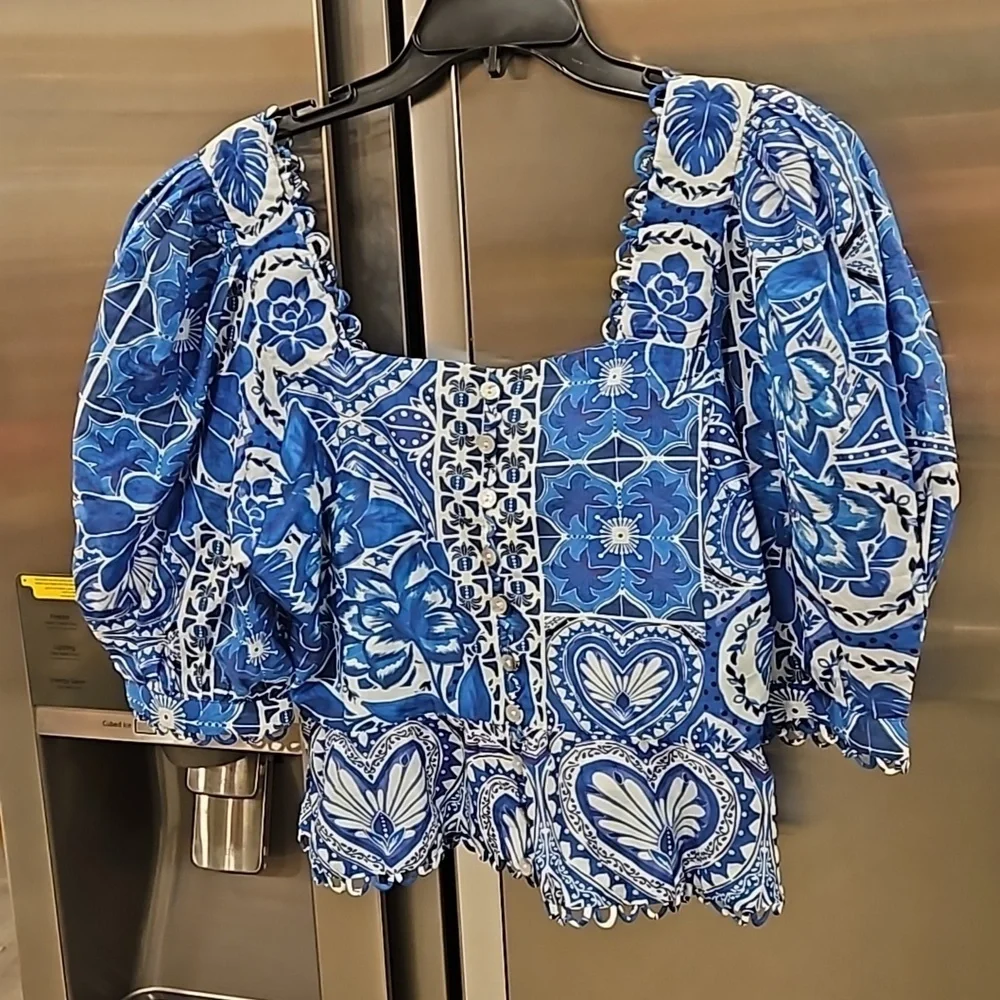 💕FARM RIO💕 Blue Tile Dream Short Sleeve Blouse ~ Floral Large L NWT *DAMAGED*